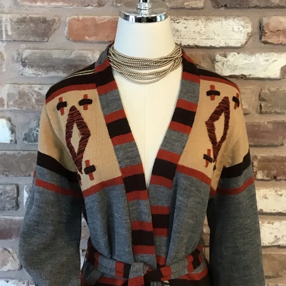DONNKENNY Women's VINTAGE 60's 70's Belted Western Motif Cardigan Sweater M - Picture 4 of 7